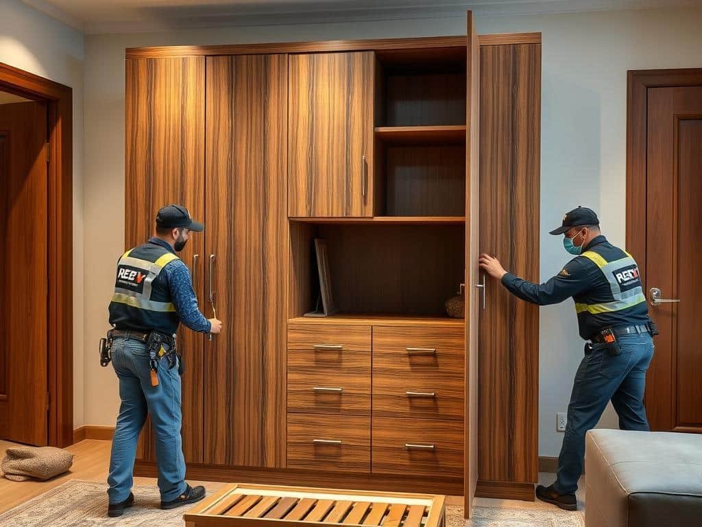 فريق متخصص من شركة نقل عفش بالكويت خدمات فك وتركيب يقوم بفك قطع أثاث بطريقة احترافية