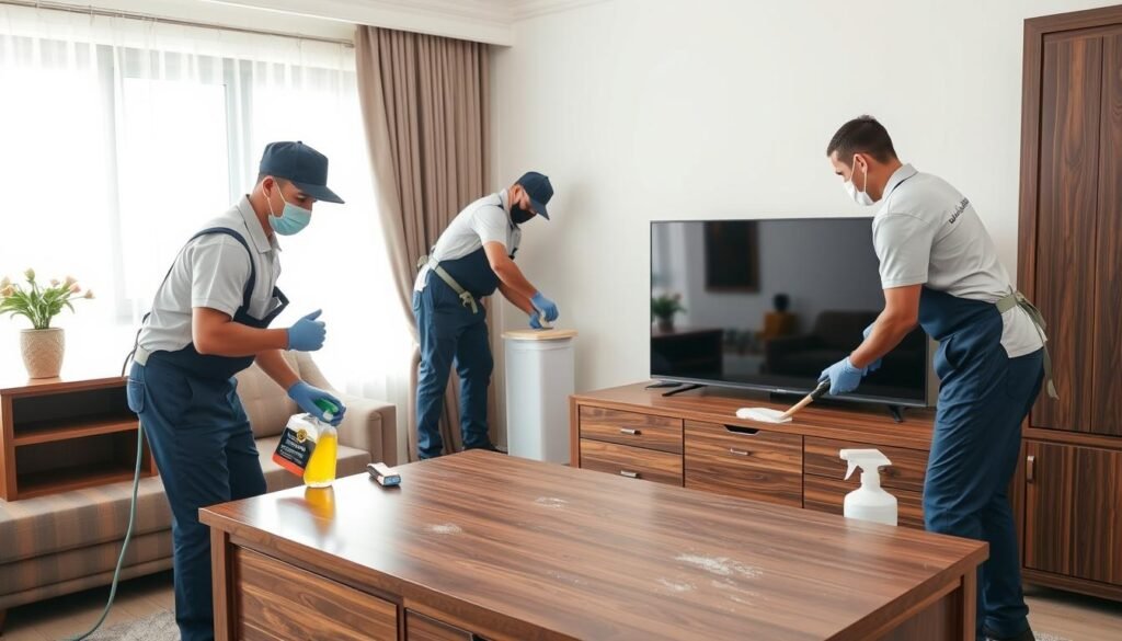 عمال شركة نقل عفش بالكويت يقومون بتنظيف وتلميع قطع أثاث خشبية بعد تركيبها في المنزل الجديد