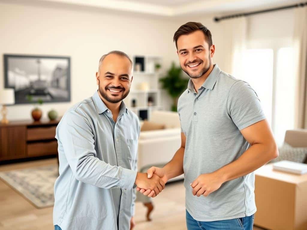 عميل سعيد يصافح مندوب شركة نقل عفش بالكويت بعد إتمام عملية نقل ناجحة في منزله الجديد