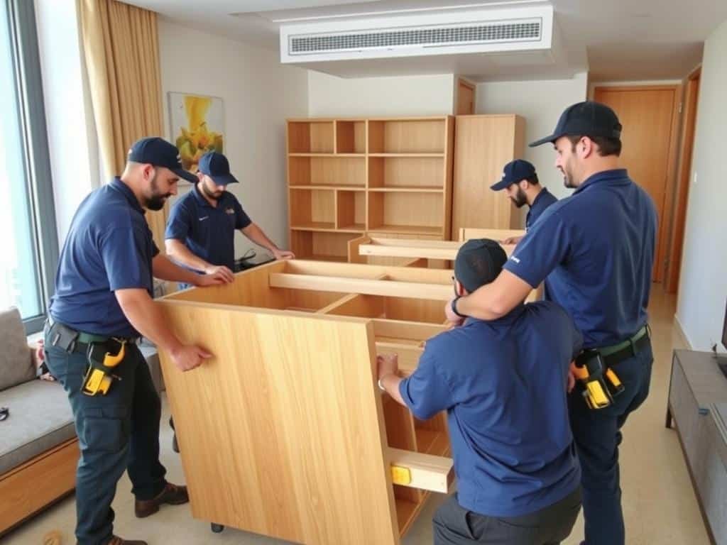 فريق متخصص من شركة نقل عفش بالكويت يقوم بفك قطع أثاث خشبية بطريقة احترافية