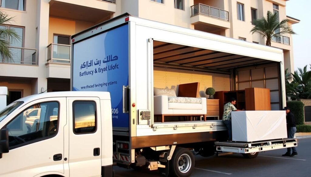 شاحنة نقل عفش حديثة تابعة لشركة نقل عفش بالكويت مجهزة بأنظمة تأمين متطورة