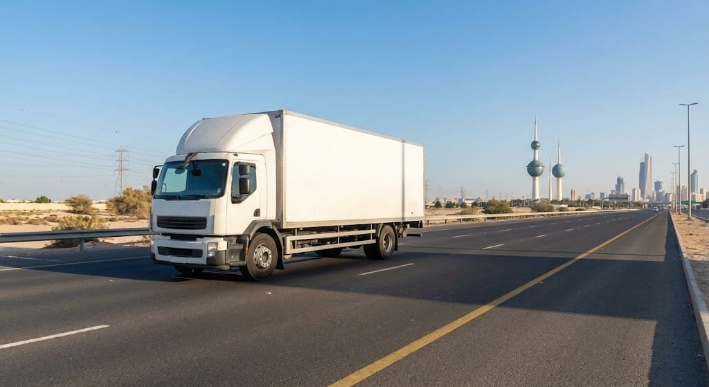 Professional white moving truck driving on Kuwait City highway with Kuwait Towers view