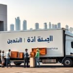 صورة لشاب يمسك جهازاً لوحياً ذكياً يقارن فيه بين عروض أسعار تنافسية وجداول تقييمات لاختيار أرخص 3 شركات نقل عفش الكويت، بينما يظهر في الخلفية من نافذة مكتبه عمال بزي موحد يقومون بتحميل صناديق الأثاث بعناية فائقة داخل شاحنة نقل مجهزة، مما يعكس التوازن المثالي بين التوفير والجودة.