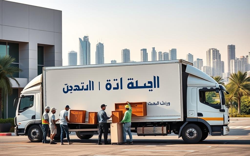 صورة لشاب يمسك جهازاً لوحياً ذكياً يقارن فيه بين عروض أسعار تنافسية وجداول تقييمات لاختيار أرخص 3 شركات نقل عفش الكويت، بينما يظهر في الخلفية من نافذة مكتبه عمال بزي موحد يقومون بتحميل صناديق الأثاث بعناية فائقة داخل شاحنة نقل مجهزة، مما يعكس التوازن المثالي بين التوفير والجودة.