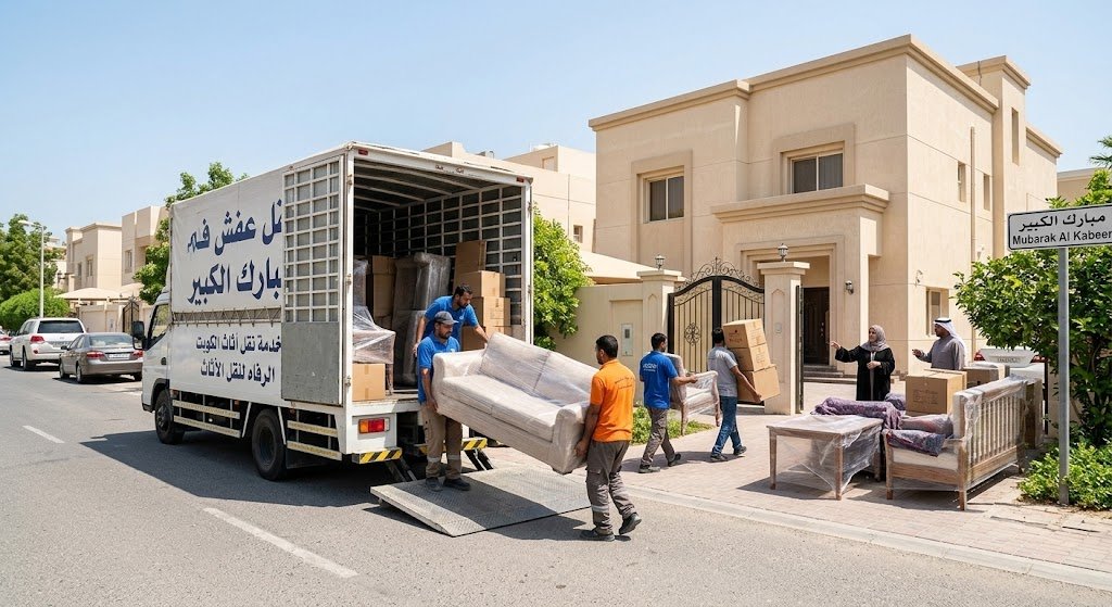 فريق عمل محترف يقوم بتغليف وتحميل الأثاث بأمان داخل سيارة نقل مغلقة في منطقة مبارك الكبير بالكويت
