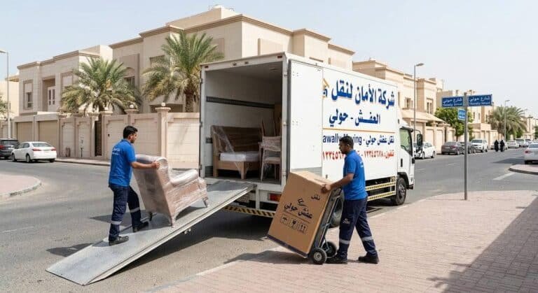 فريق عمل محترف يقوم بتغليف ونقل الأثاث بعناية فائقة في منطقة حولي بالكويت باستخدام شاحنات نقل مجهزة وأحدث التقنيات