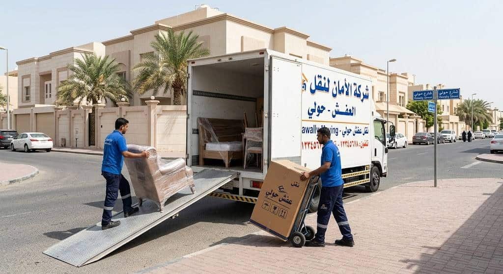 فريق عمل محترف يقوم بتغليف ونقل الأثاث بعناية فائقة في منطقة حولي بالكويت باستخدام شاحنات نقل مجهزة وأحدث التقنيات