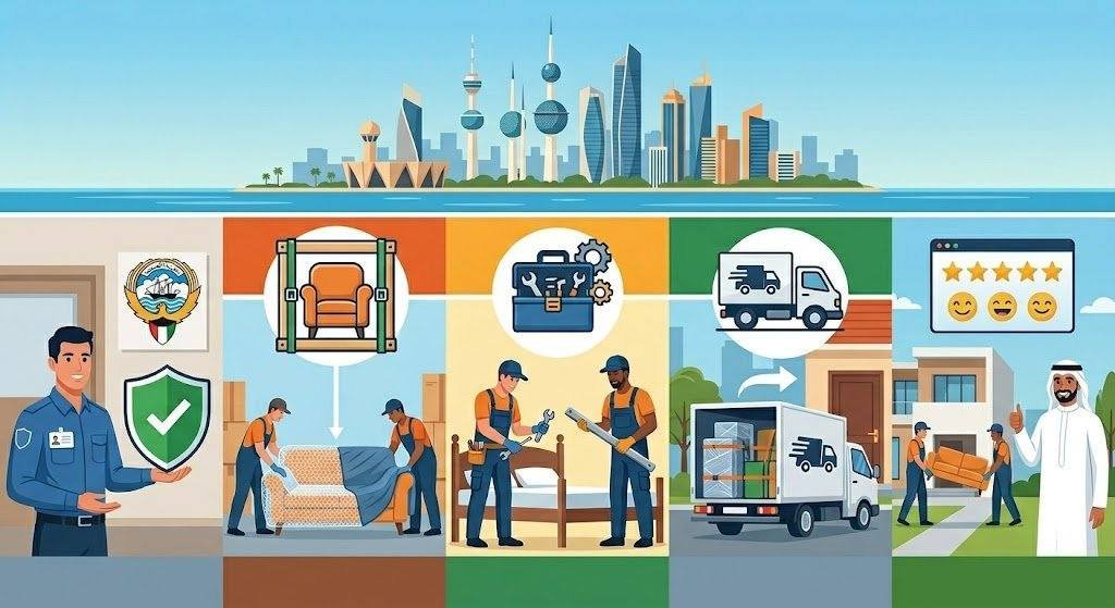 فريق عمل محترف يقوم بتغليف ونقل الأثاث بعناية فائقة ضمن خدمات نقل عفش النعيم بالكويت لضمان حماية الممتلكات ووصولها بأمان تام وبدون أي خدوش.