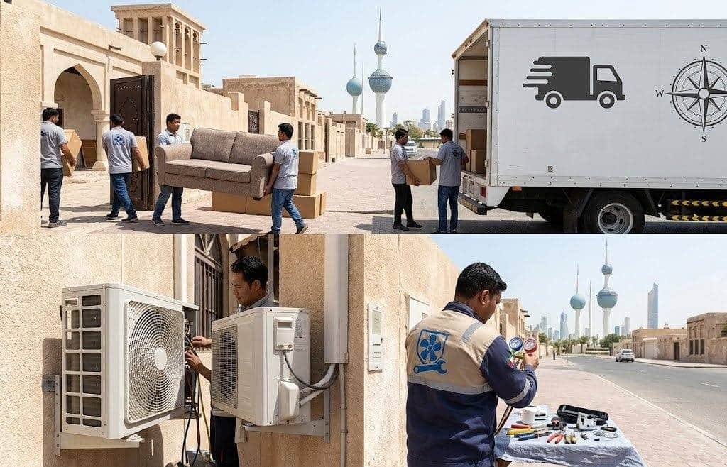 فريق عمل محترف يقوم بتغليف ونقل الأثاث بعناية فائقة ضمن خدمات نقل اثاث الكويت لضمان حماية الممتلكات ووصولها بأمان تام وبدون أي خدوش.