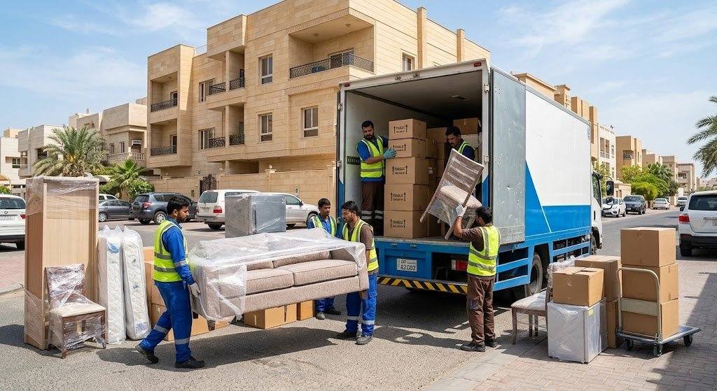 فريق عمل محترف يقوم بتغليف ونقل الأثاث بعناية فائقة ضمن خدمات نقل عفش الأحمدي الكويت لضمان حماية الممتلكات ووصولها بأمان تام وبدون أي خدوش.