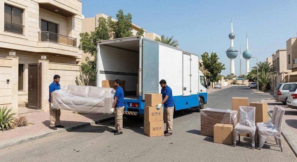 فريق عمل محترف يقوم بتغليف ونقل الأثاث بعناية فائقة ضمن خدمات نقل عفش سلوى بالكويت لضمان حماية الممتلكات ووصولها بأمان تام وبدون أي خدوش.