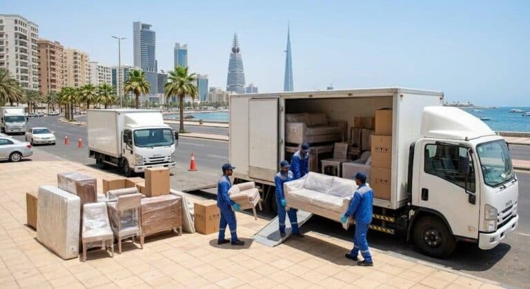 فريق عمل محترف يقوم بتغليف ونقل الأثاث بعناية فائقة ضمن خدمات نقل عفش الشويخ بالكويت لضمان حماية الممتلكات ووصولها بأمان تام وبدون أي خدوش.