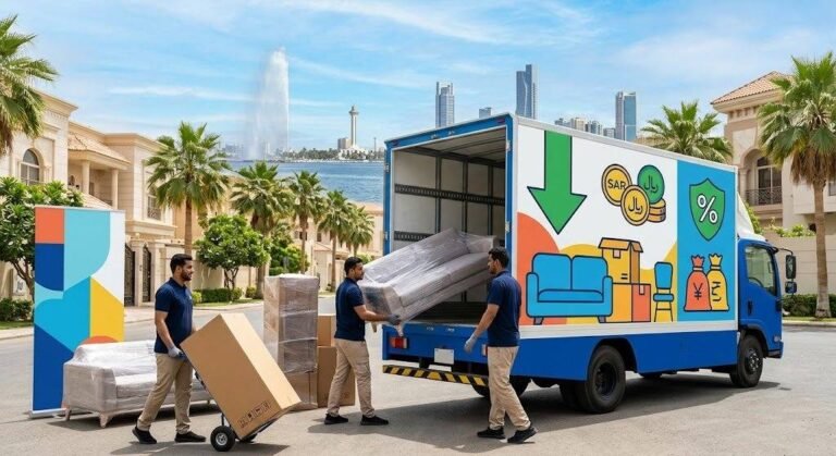 فريق عمل محترف يقوم بتغليف ونقل الأثاث بعناية فائقة ضمن خدمات نقل عفش الفحيحيل بالكويت لضمان حماية الممتلكات ووصولها بأمان تام وبدون أي خدوش.