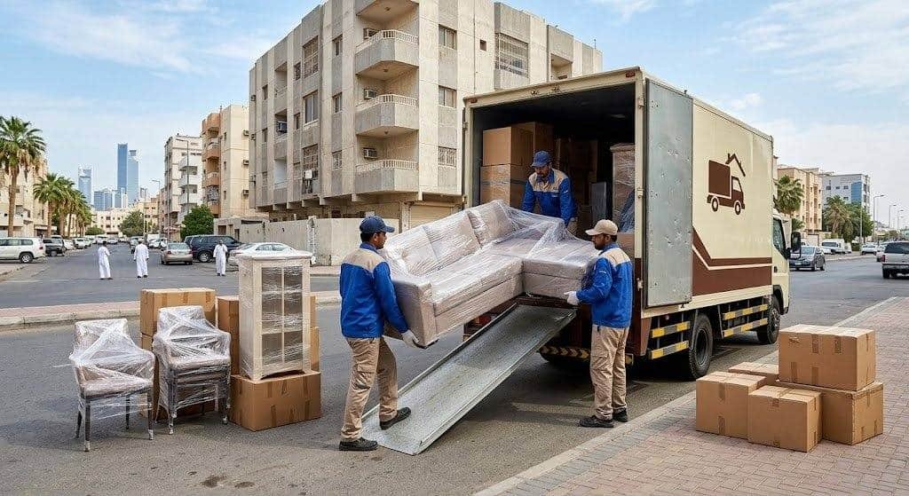 فريق عمل محترف يقوم بتغليف ونقل الأثاث بعناية فائقة ضمن خدمات نقل عفش الشعب بالكويت لضمان حماية الممتلكات ووصولها بأمان تام وبدون أي خدوش.