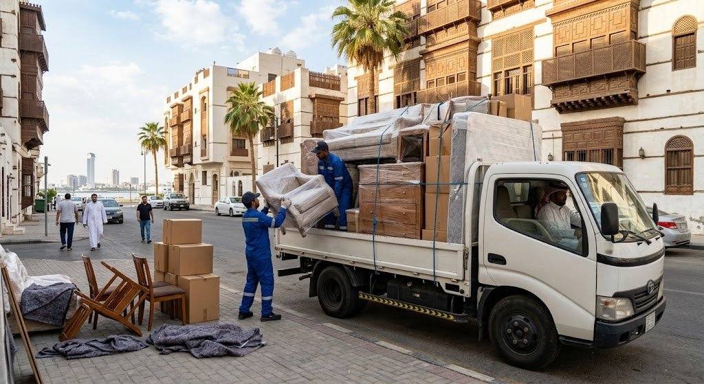 فريق عمل محترف يقوم بتغليف ونقل الأثاث بعناية فائقة ضمن خدمات نقل عفش النسيم بالكويت لضمان حماية الممتلكات ووصولها بأمان تام وبدون أي خدوش.