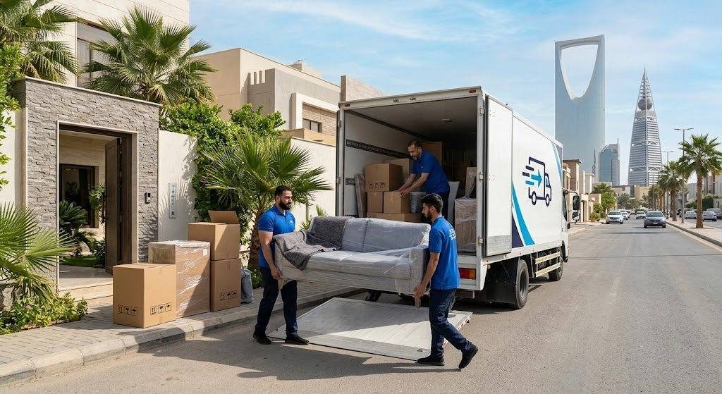 فريق عمل محترف يقوم بتغليف ونقل الأثاث بعناية فائقة ضمن خدمات نقل عفش الفيحاء لضمان حماية الممتلكات ووصولها بأمان تام وبدون أي خدوش.