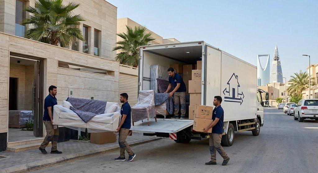 فريق عمل محترف يقوم بتغليف ونقل الأثاث بعناية فائقة ضمن خدمات شركة نقل عفش الكويت لضمان حماية الممتلكات ووصولها بأمان تام وبدون أي خدوش.