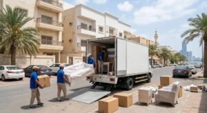 فريق عمل محترف يقوم بفك وتغليف ونقل الأثاث بأمان وعناية ضمن خدمات نقل عفش الجهراء بالكويت لضمان راحة وسلامة ممتلكات العملاء.