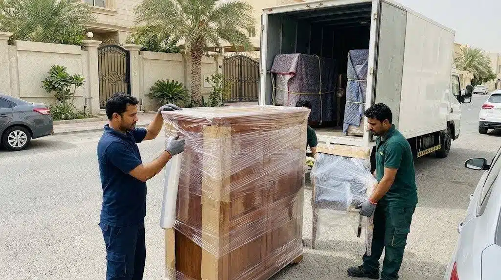 هاف لوري نقل عفش الكويت محمّل بكراتين مغلفة